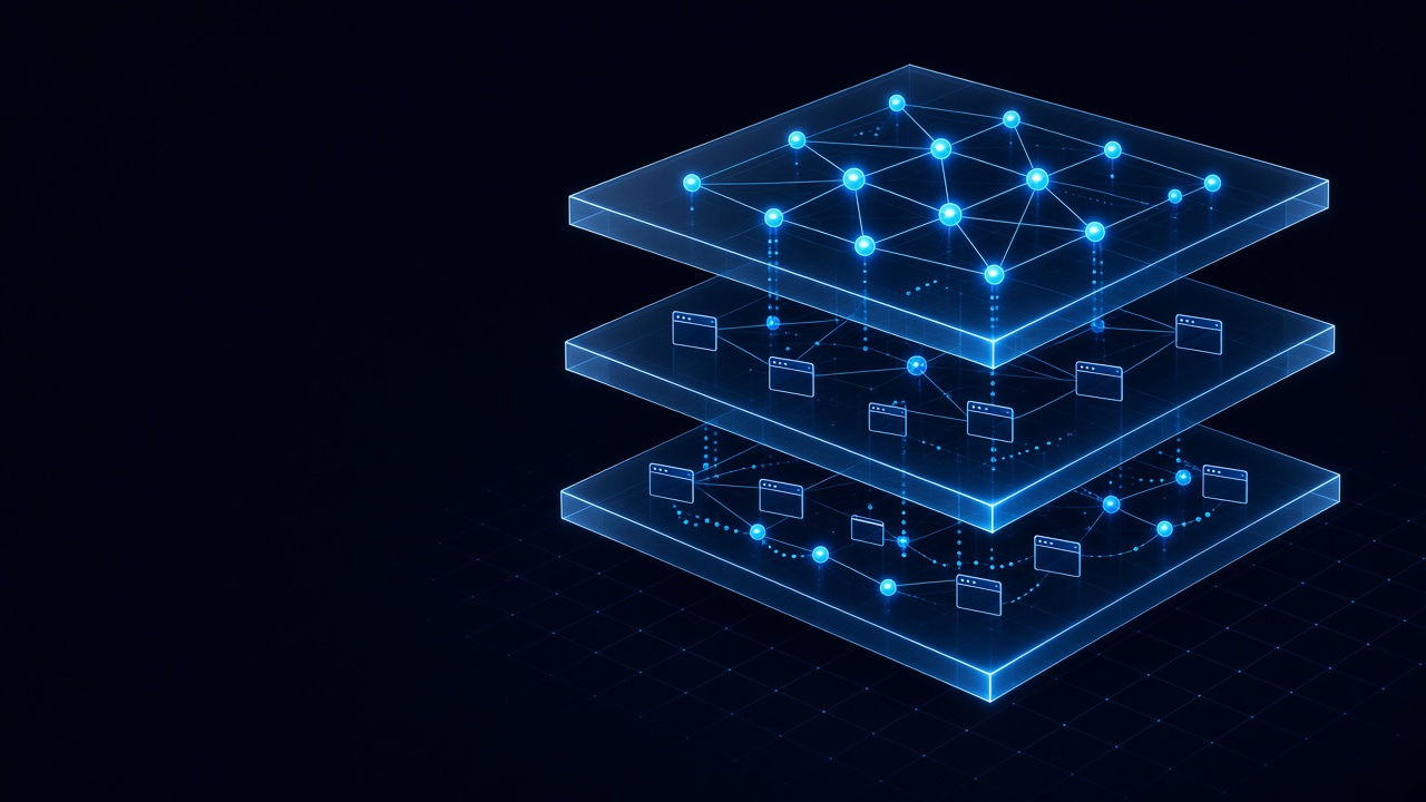 Illustration: three translucent blue glass layers stacked isometrically on a dark background, each holding glowing agent nodes and small browser-window icons connected by lines — a stack of tools for web agents.